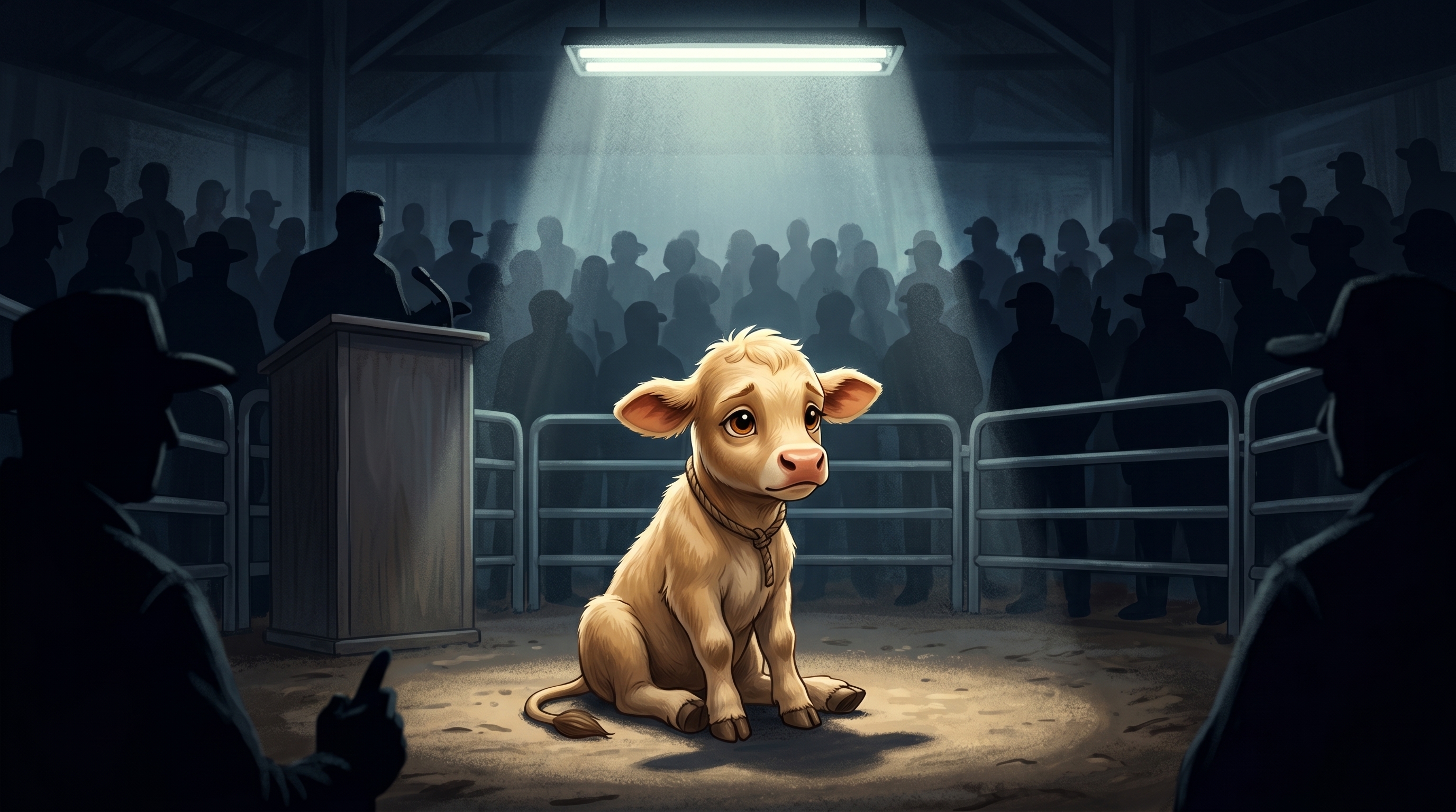 Braveheart the calf in the sale barn - a young calf sitting alone under a spotlight in an auction barn with shadows of bidders in the background